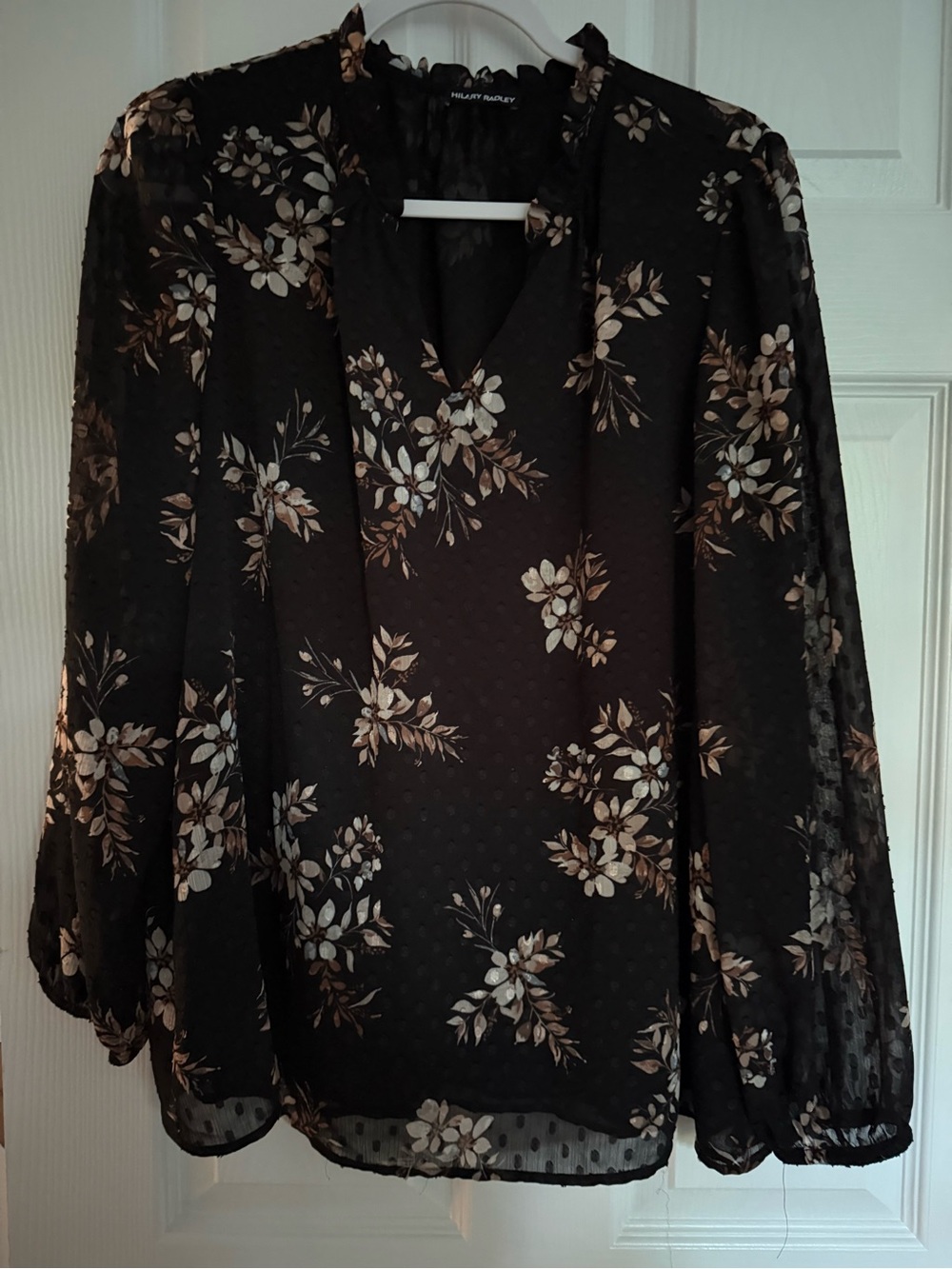 Hilary Radley Black Floral V-Neck Sheer Long-Sleeve Blouse Sz L
